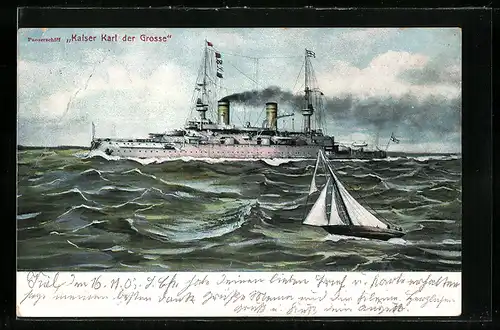 AK Panzerschiff Kaiser Karl der Grosse mit Segelschiff