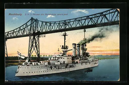 AK Rendsburg, Kriegsschiff SMS Hessen die Hochbrücke passierend