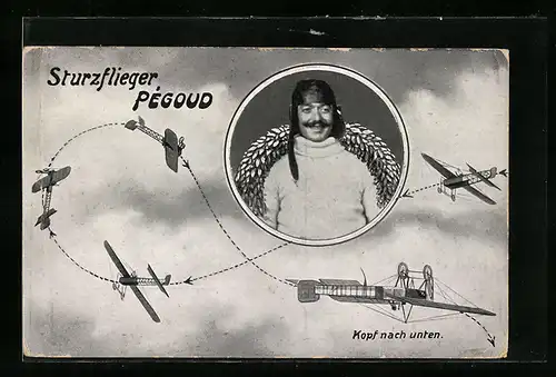 AK Sturzflieger Pégoud im Portrait, Flugzeug beim Fliegen einer Pirouette