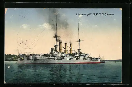 AK Kriegsschiff S.M.S. Schlesien vor einer Küste