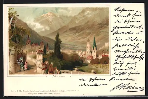 Lithographie Meran, Ortsansicht von einer Anhöhe aus gesehen