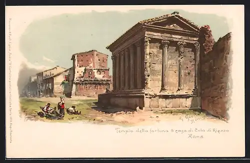 Künstler-AK sign. G. Gioja: Roma, Tempel der Fortuna und Haus des Cola di Rienzo
