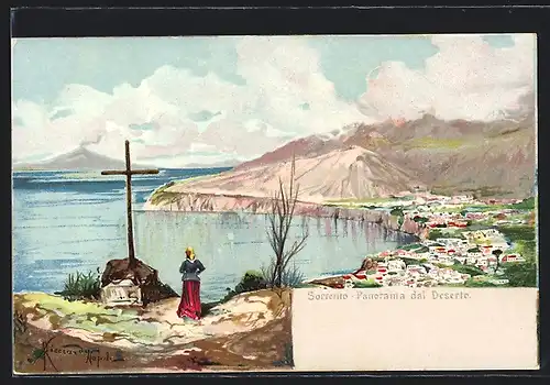 Künstler-AK Sorrento, Panorama dal Deserto, Mädchen schaut über die Bucht zum Vesuv