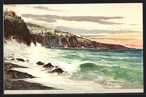 Lithographie Sorrento, Panorama con mare agitato, Küstenansicht