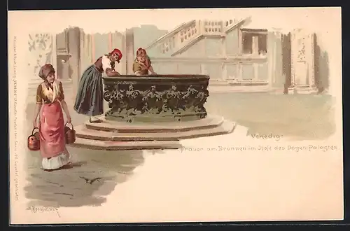 Lithographie Venezia, Le donne al pozzo Cortile del palazzo Ducale, Frauen am Brunnen