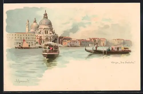 Lithographie Venedig, S. Maria della Salute, Gondelfahrt
