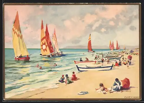 Künstler-AK Riccione, Segelboote vom Strand gesehen