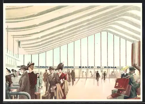 Künstler-AK Roma, L`Agenzia del Banco di Roma alla Stazione Termini