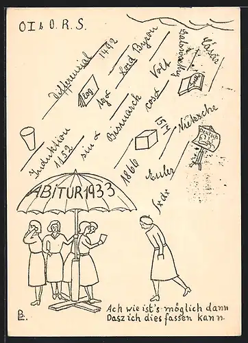 AK Absolvia Abitur 1933, Schüler unterm Regenschirm