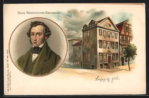 Künstler-AK Porträt Felix Mendelsohn-Bartholdy, Wohnhaus des Komponisten