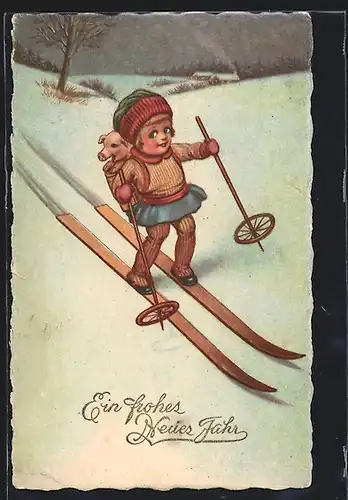 AK Kind auf Skiern mit Schwein im Rucksack
