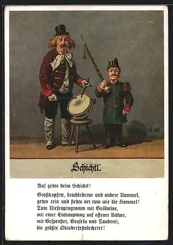 Künstler-AK Schichtl, Trommelnder Clown und Liliputaner in Uniform als Tambourmajor