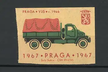 Reklamemarke Praga V3S r. 1966, Ansicht eines LKW's mit Plane, Praga 1967, Wappen