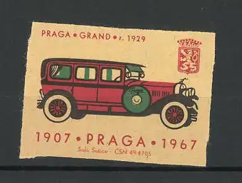 Reklamemarke Praga Grand r. 1929, Ansicht eines Automobiles, Praga 1907-1967, Wappen