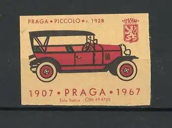 Reklamemarke Praga Piccolo r. 1928, Ansicht eines Automobiles, Praga 1907-1967, Wappen