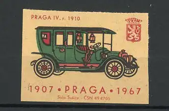 Reklamemarke Praga IV r. 1910, Ansicht eines Automobiles, Praga 1907-1967, Wappen