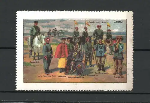 Reklamemarke Chinesisches Militär, Garde Off., Art. Nanyang-Arm., Militär-Mandaria, Tambourmajor, Trompeter