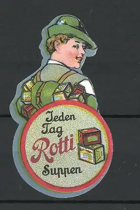 Reklamemarke Rotto Suppenwürfel, Portrait eines jägers mit Suppenwürfel im Rucksack