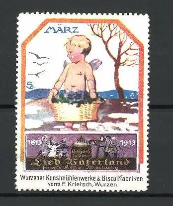 Künstler-Reklamemarke Lieb Vaterland Kekse, Wurzener Kunstmühlenwerke Wurzen, nackter Engel mit Korb, Monat März