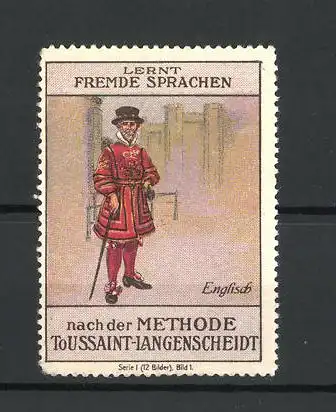 Reklamemarke Toussaint-Langenscheidt's Fremdsprachenbuch, Sprache English, Mann in englischer Tracht