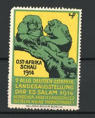 Künstler-Reklamemarke Berlin, 2. Allg. Deutsch-Sotafrik. Landesausstellung Dar Es Salam 1914, zwei Affen auf einem Ast