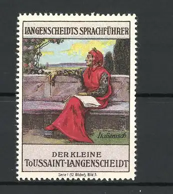 Reklamemarke Toussaint-Langenscheidt's Sprachführer, Sprache Italienisch, betagte Dame auf einer Bank sitzend