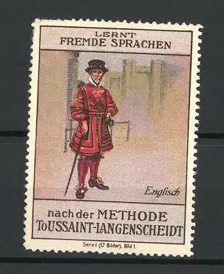 Reklamemarke Toussaint-Langenscheidt's Fremdsprachenbuch, Sprache Englisch, Mann in Tracht