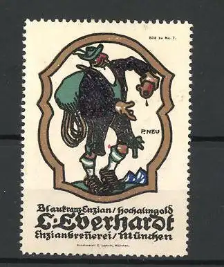 Künstler-Reklamemarke Paul Neu, Blaukranz-Enzian Hochalmgold, Enzianbrauerei L. Eberhardt, München, Wanderer