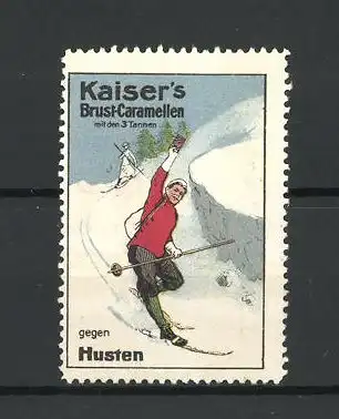 Reklamemarke Kaiser's Brust-Caramellen mit den 3 Tannen gegen Husten, Skiläufer fährt die Piste hinab