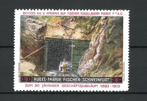 Reklamemarke Kugel-Fabrik Fischer, Schweinfurt, Automobil steht vor einem Tunnel