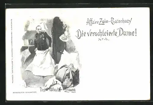 Künstler-AK Affaire Zola-Esterhazy, No. 4, Die verschleierte Dame, des Rätsels Lösung