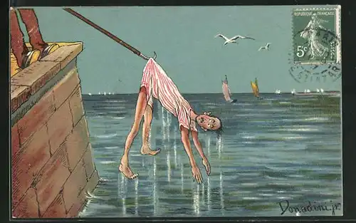 Künstler-AK Ermenegildo Carlo Donadini: Scherz, Mann wird an Haken aus dem Wasser gezogen