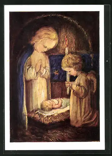 Künstler-AK Maria Spötl: Anbetung, Engel neben der Krippe mit dem Jesusknaben