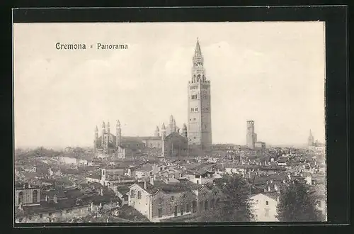 AK Cremona, Panorama mit Kirchturm