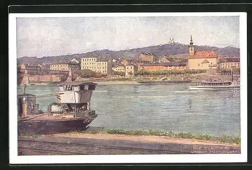Künstler-AK Rudolf Schmidt: Dampfschiff auf der Donau in Urfahr mit Blick auf den Pöstlingsberg
