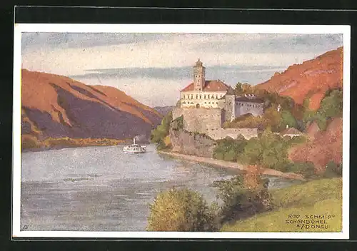 Künstler-AK Rudolf Schmidt: Dampfschiff in Schönbühel an der Donau