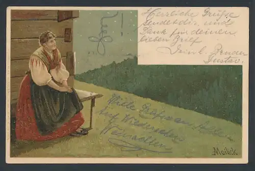 Künstler-Lithographie Alfred Mailick: Maid auf Bank hinterm Haus