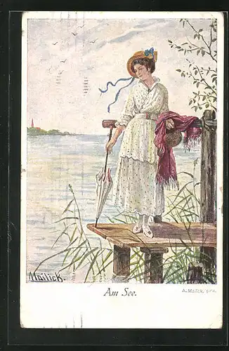 Künstler-AK Alfred Mailick: Frau mit Hut und Schirm am See
