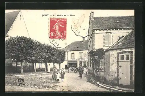 AK Jouy, La Mairie et la Place, Café de la Gare