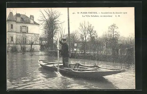 AK St-Maur-Créteil, Inondations 1910, La Villa Schaken & un sauveteur, Hochwasser