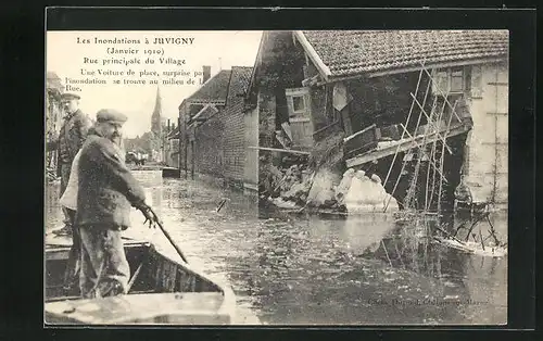 AK Juvigny, Les Inondations 1910, Rue principale du Village, Strassenpartie bei Hochwasser