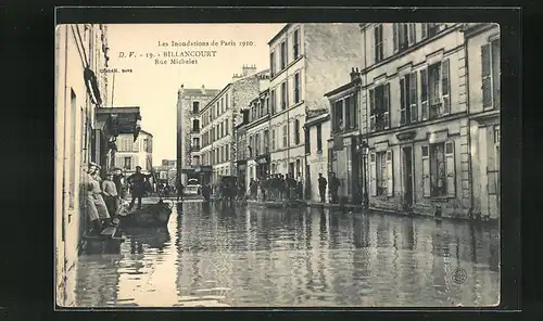 AK Billancourt, Les Inondations de Paris en 1910, Rue Michelet, Strassenpartie bei Hochwasser