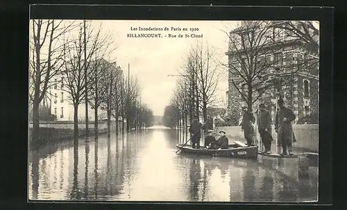 AK Billancourt, Les Inondations de Paris en 1910, Rue de St-Cloud, Strassenpartie bei Hochwasser