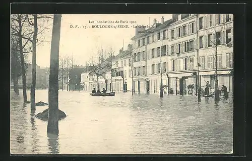 AK Boulogne-sur-Seine, Les Inondations de Paris 1910, La Grande Rue, Strassenpartie bei Hochwasser