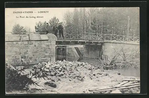 AK Lorroy, Les Inondations, le Pont du Loing detruit, Hochwasser