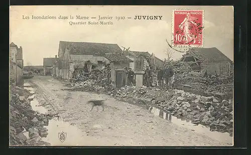 AK Juvigny, Les Inondations dans la Marne, Janvier 1910, Quartier Saint-Martin, Hochwasser