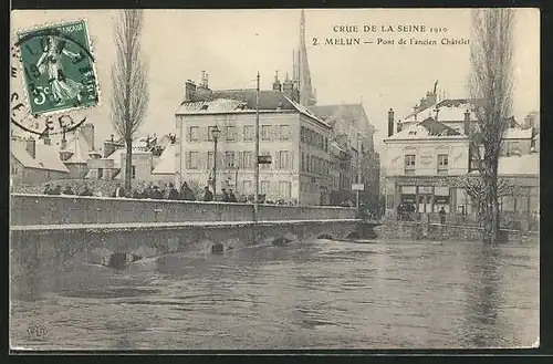 AK Melun, Pont de l`ancien Châtelet, Hochwasser