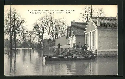AK St-Maur-Créteil, Inondations de janvier 1910, Villa Schaken, Sauvetage des habitants, Hochwasser