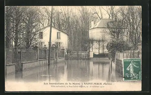 AK Saint-Maur, Les Inondations de la Marne, Villa Schacken, la Rue Jules-Joffrin, 1910, Hochwasser