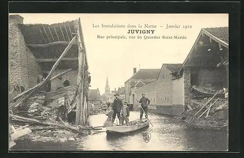 AK Juvigny, Les inondations dans la Marne, Janvier 1910, Rue principale, vue du Quartier Saint-Martin, Hochwasser